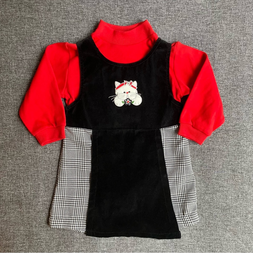 NWT A Little Angel Vintage Velvet Houndstooth Cat Jumper Shirt Set Valentine 24M